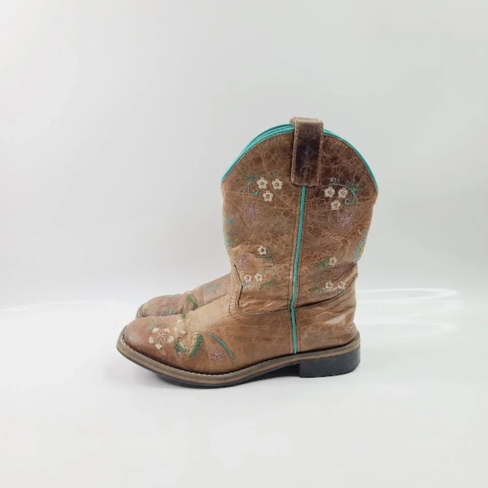 Smoky Mountain‎ Girl's Brown Blue Floral Leather Classic Western Boot Size 3